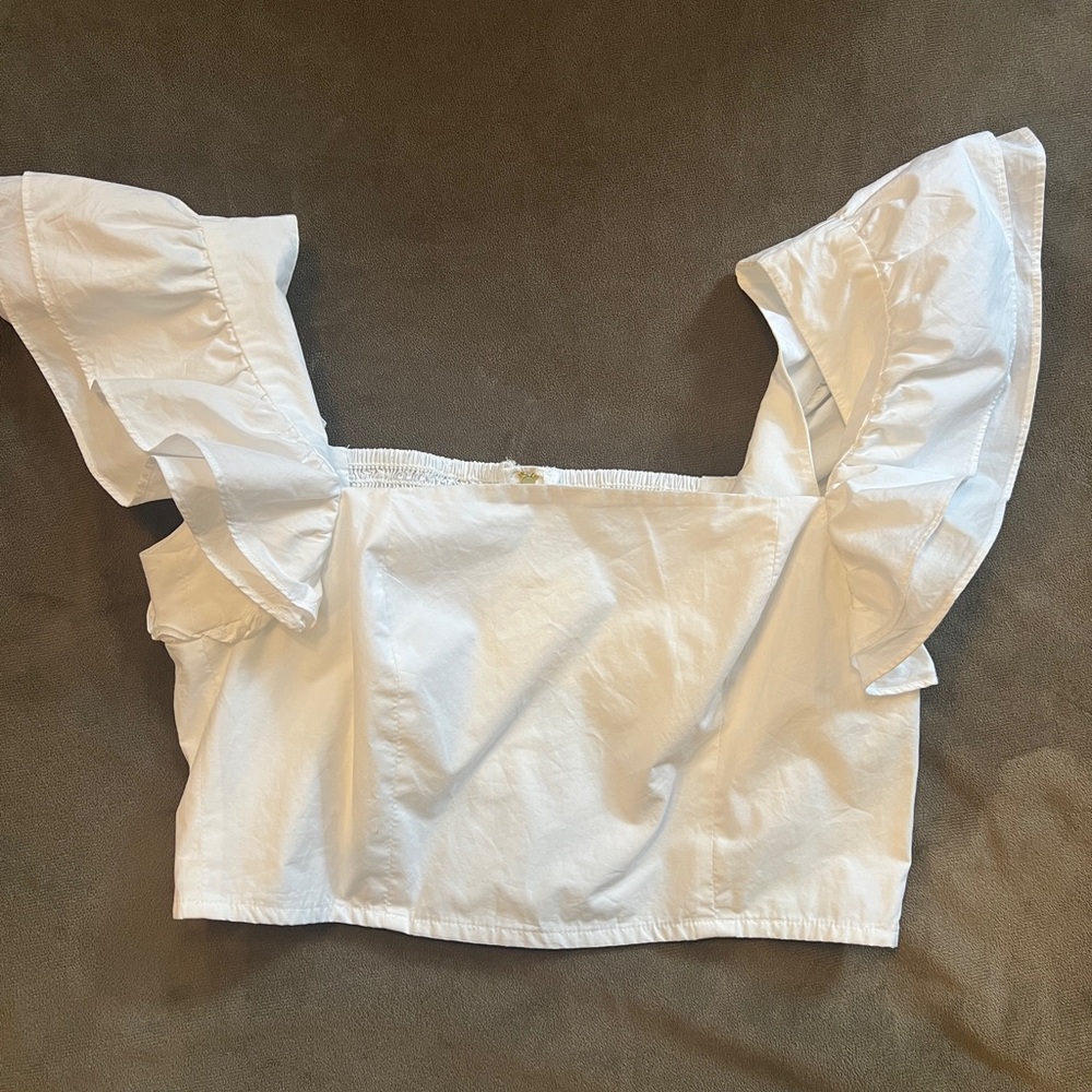 Cara Cara White Ruffle Sleeve Women's Crop Top, Size S